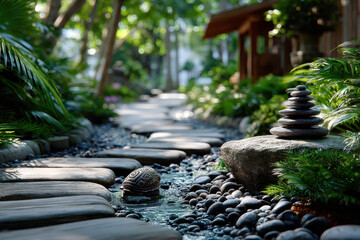 Fototapeta premium Serene Japanese garden path with stacked stones, turtle statue, and lush greenery