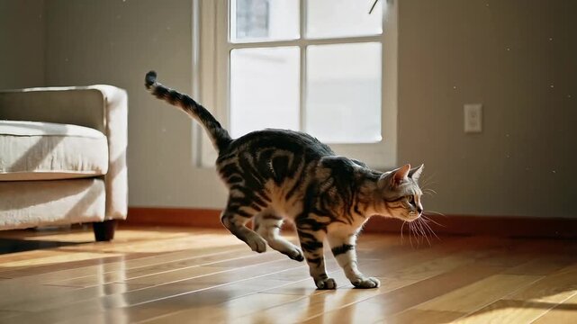 Playful tabby cat leaping mid air from a beige sofa to the floor in a sunlit living room with bright rays of natural light revealing floating dust particles during a domestic slow motion action scene
