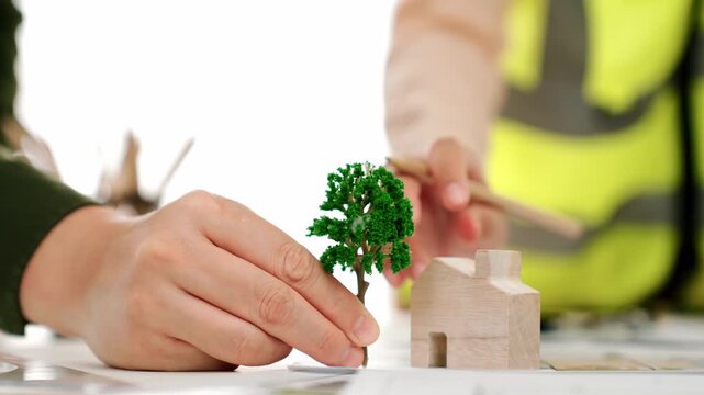A video of architect using tree and home model to measure blueprint. Architect designing house construction on a table at studio, with architectural plan scattered around. Focus on hand. Delineation.