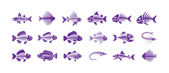 Set of various fish skeletons and fish bone structures in purple hues on a white background