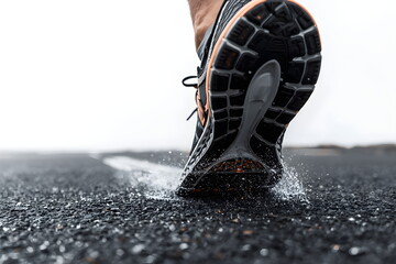 Low angle close up of running shoe sole splashing water on wet asphalt road
