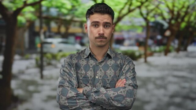 Young hispanic man standing with arms crossed outdoors in park setting, wearing patterned shirt with confident expression and natural background of trees and blurred people