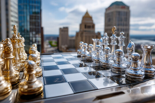Chess game on rooftop with city skyline views during late afternoon