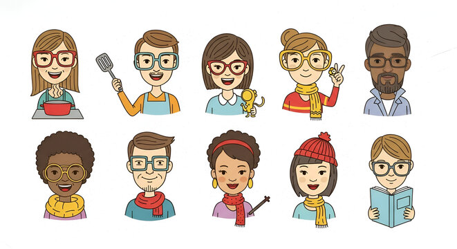 Collection of Illustrated Diverse Character Avatars with Hobbies