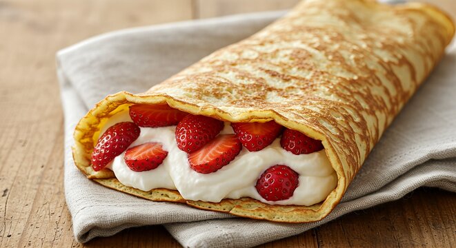 A delicious crepe filled with fresh strawberries and whipped cream, rolled and ready to eat.
