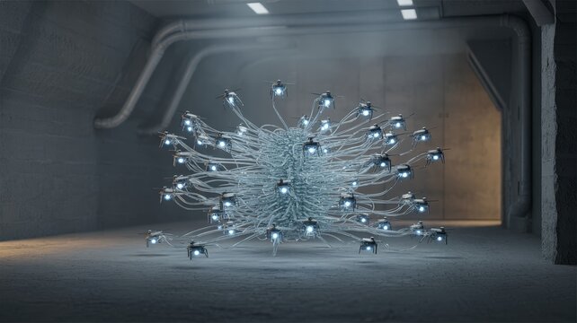 Abstract Neural Network Structure with Glowing Nodes in Futuristic Environment.