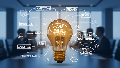 Illuminate your business strategy with a bright idea for brand value, premium positioning, and target audience focus in marketing, SEO, and analytics for customer path success at a modern meeting