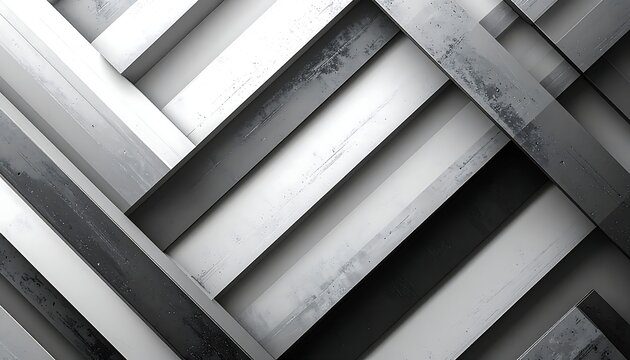 Angled, alternating grey and white rectangular beams overlap, creating a dynamic and textural abstract pattern