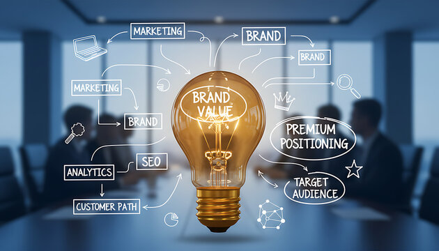 Illuminate your business strategy with a bright idea for brand value, premium positioning, and target audience focus in marketing, SEO, and analytics for customer path success at a modern meeting