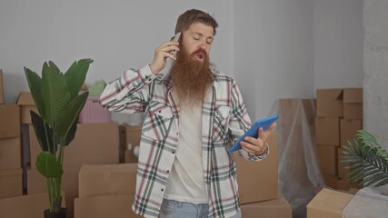 Man with long beard holds smartphone to ear and reads tablet amid moving boxes in building; focus planning.