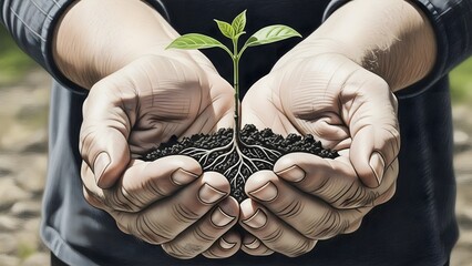 Close up of hands gently cupping a handful of soil with a vibrant green seedling and visible roots growing from it.