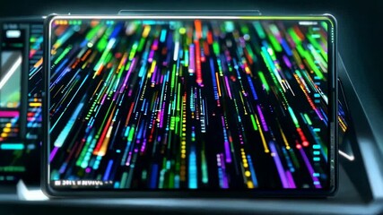A futuristic digital interface on a tablet displaying colorful, dynamic data streams and abstract light patterns in a high-tech environment
