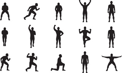 Naklejka premium Human silhouettes in various poses, depicting movement, exercise, and body positions, ideal for fitness and sports concepts