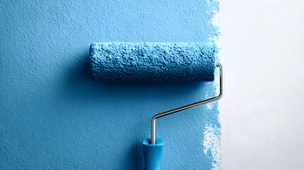 Obraz premium Paint roller applying blue paint on white wall