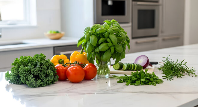 Fresh vegetables and herbs arranged on a white marble kitchen countertop in a modern kitchen - Powered by Adobe