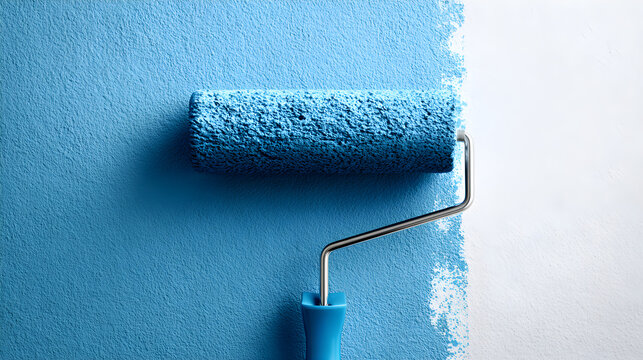 Paint roller applying blue paint on white wall