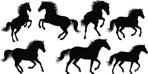Wild and powerful running horse silhouettes set, collection of spirited mustang and stallion in various motion poses with flying manes and tails.