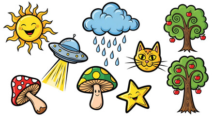 Cute Cartoon Clipart Collection with Sun UFO Clouds Mushrooms Cat Trees Stars