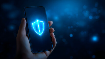 Hand holding smartphone displaying secure shield icon