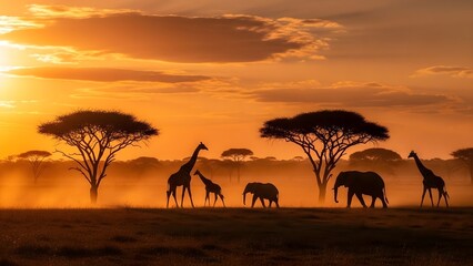 Silhouette of giraffes and elephants on the African savannah during a golden sunrise. Warm light illuminates the misty grasslands.