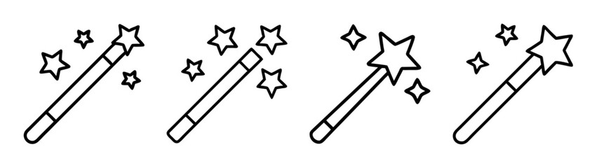 Magic wand icon set with sparkling stars, outline illustration