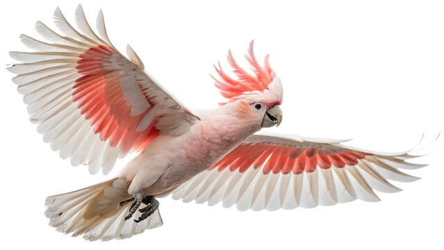 Beautiful flying Major Mitchell&rsquo;s cockatoo cut out on PNG. AI GENERATED.