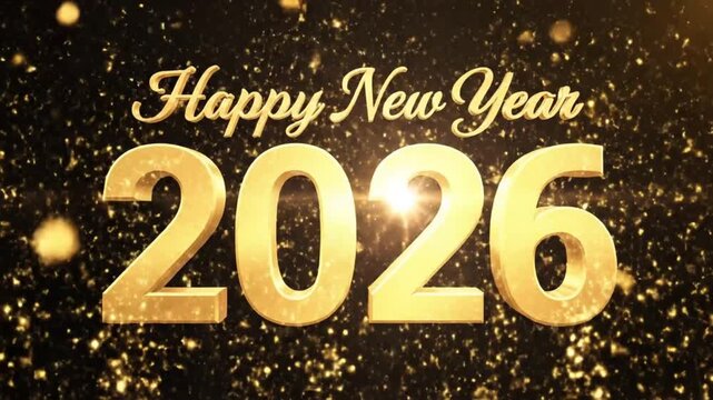 This vibrant animated graphic presents "Happy New Year 2026" in elegant, gleaming golden 3D text, perfectly centered against a dynamic dark background. A profusion of shimmering golden particles, rese