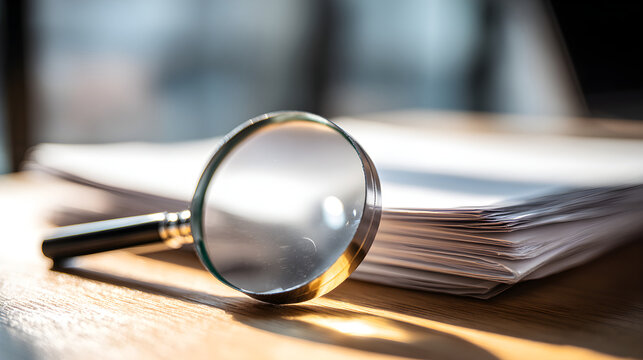 Magnifying glass examining legal documents on desk