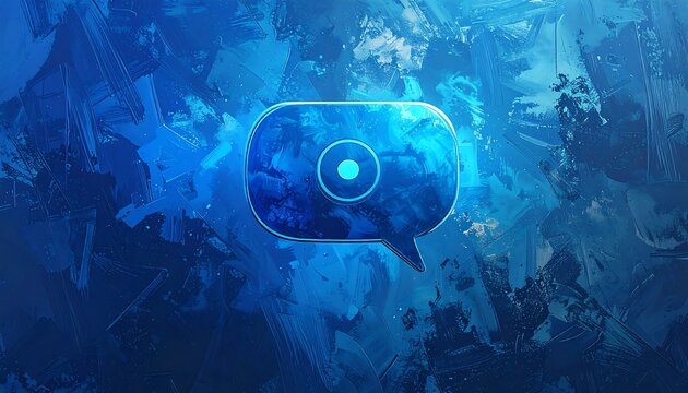 Blue speech bubble icon with swirling textures on a painted blue background, providing a modern, dynamic feel