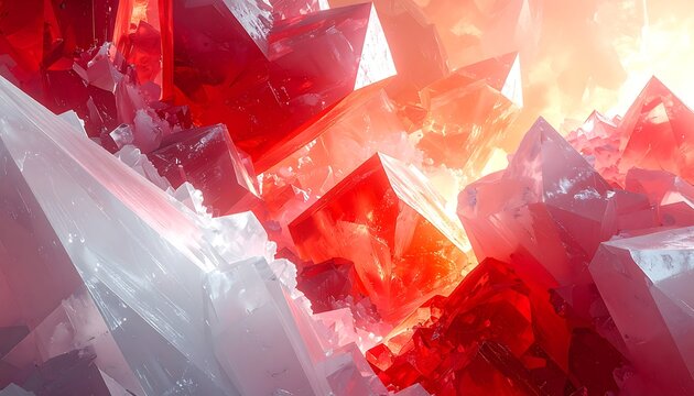 Angular crystal formations shimmer with bright reds, whites, and oranges, creating a vibrant and textured abstract display