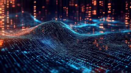 Stunning abstract data landscape with glowing binary code, perfect for tech innovation and futuristic design concepts, ideal for backgrounds and visuals