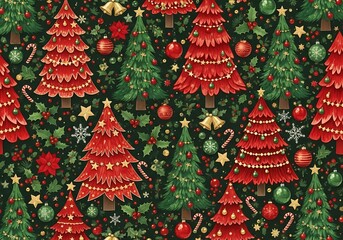 Festive Christmas tree pattern with ornaments, candy canes, and stars on a dark background.