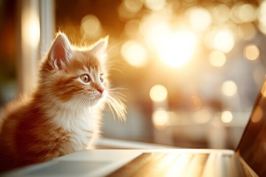 Fearful kitten at laptop: morning room adventures. Kitten emotions. Why modern people can? escape social media addiction anymore. Hyperconnected problems. Sunlit room.