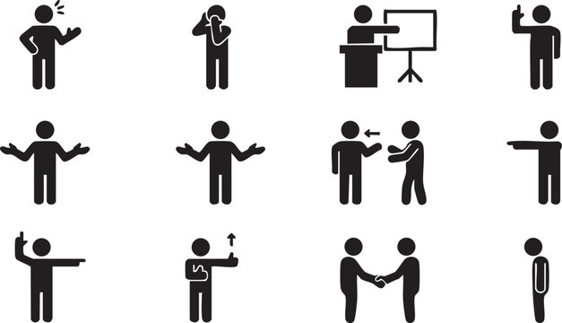 Black stick figures illustrating diverse human actions, communication, and business interactions