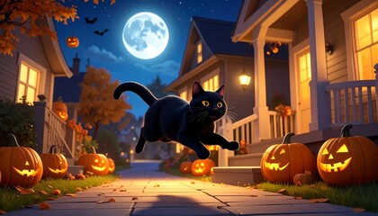 Black cat leaps down a pathway lined with glowing jack-o'-lanterns on a Halloween night under a full moon
