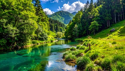 Calm blue-green river flows through a lush green valley towards distant mountains under a partly cloudy sky