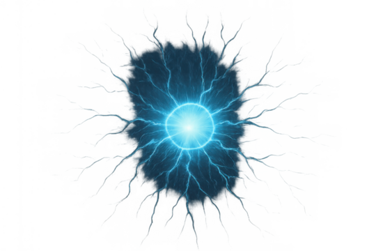 Blue energy orb generating electricity and lightning, futuristic power source concept with transparent background