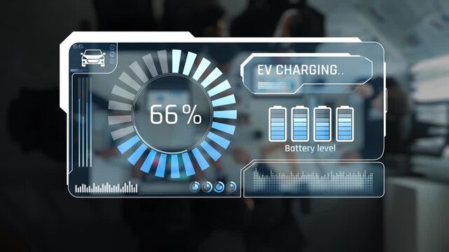 High-Tech Electric Vehicle Charging Interface Showing Battery Level at 94 Percent with Modern Digital Display Design and User-Friendly Interface Elements. Raster.