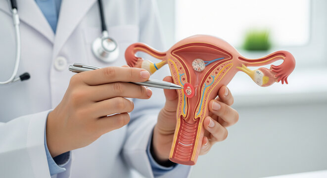 Gynecologist explaining uterus anatomy with pelvic model during OB-GYN consultation