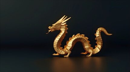 Golden origami style dragon statue on dark background