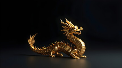 Fototapeta premium Golden origami style dragon statue on dark background