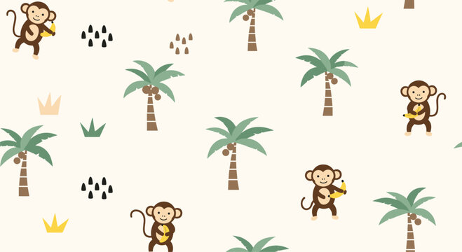 Childish seamless pattern with cute cartoon monkeys holding bananas and palm trees in a jungle theme for kids' room decor.