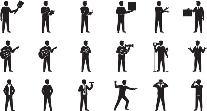 Set of black silhouette icons representing various male professions and activities like artist, musician, businessman, and photographer