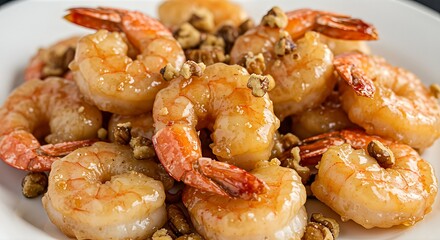 A delicious close-up of honey walnut shrimp coated in a creamy sauce and garnished with nuts on a white plate.