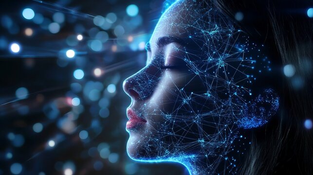 Stunning futuristic profile of a woman glowing with digital blue light, perfect for technology, AI, and innovation concepts, a modern, elegant design
