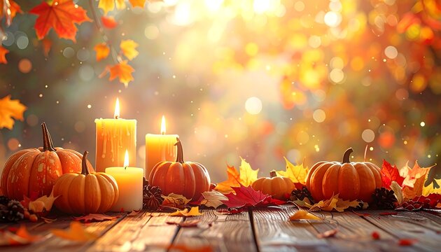Autumn display pumpkins, candles, and colorful leaves on wooden surface with blurred background, golden light