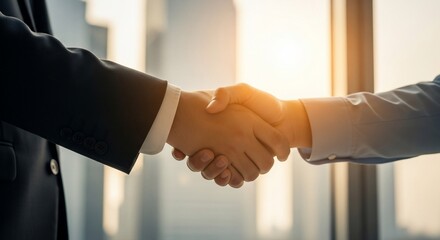 Sealing the deal with a firm handshake in a bright, modern office space - success, partnership, and trust are evident in this professional moment
