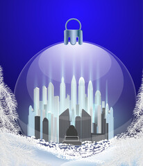 Futuristic winter cityscape enclosed in a glowing Christmas ornament. Neon skyscrapers, snowy branches and a deep blue background create a modern holiday atmosphere. Ideal for festive designs and bran