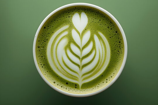 Top View of a Green Matcha Tea Latte with Leaf Foam Art on a Marble Table - Powered by Adobe