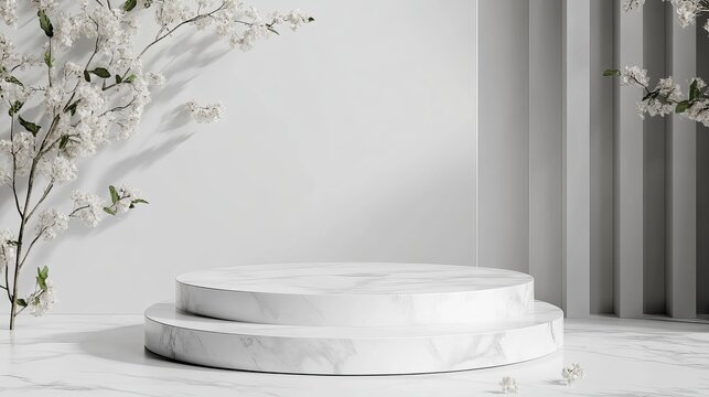 Elegant marble podium display with floral accents offers a stunning product showcase for your brand, emphasizing luxury and sophistication in style